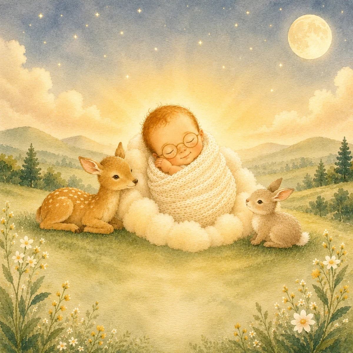Baby with light skin, auburn hair and glasses